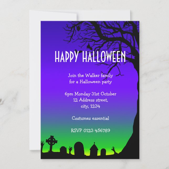 Invitation Joyeux Halloween bleu et vert cimetière brillant (Devant)