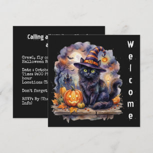 Invitation Joyeux Halloween - Chat Noir Aquarelle