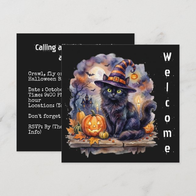 Invitation Joyeux Halloween - Chat Noir Aquarelle (Devant / Derrière)