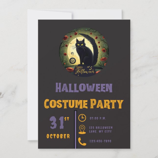 Invitation Joyeux Halloween Chat noir Lune Halloween noir (Devant)