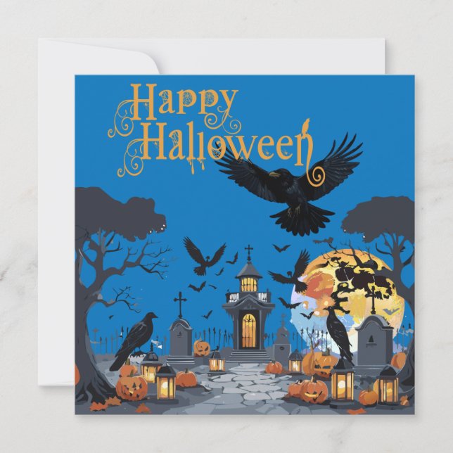 Invitation Joyeux Halloween Cimetière Hanté Avec Tombe Effray (Devant)