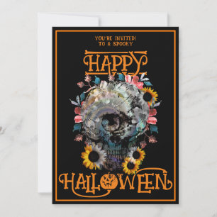 Invitation Joyeux Halloween Crâne Floral Party Oranges noires