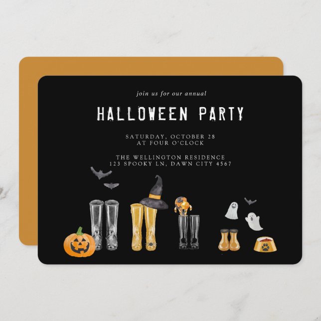 Invitation Joyeux Halloween Cute Black Watercolor Party (Devant / Derrière)