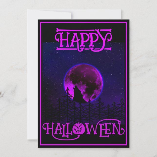 Invitation Joyeux Halloween Hurlement Chien Lune Violette (Devant)