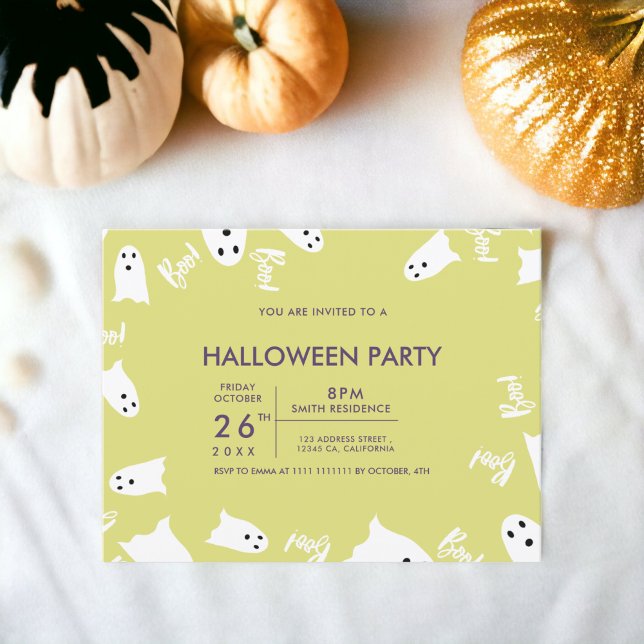 Invitation Joyeux Halloween mignon fantômes vert violet fête (Happy Halloween cute ghosts green purple party Invitation)