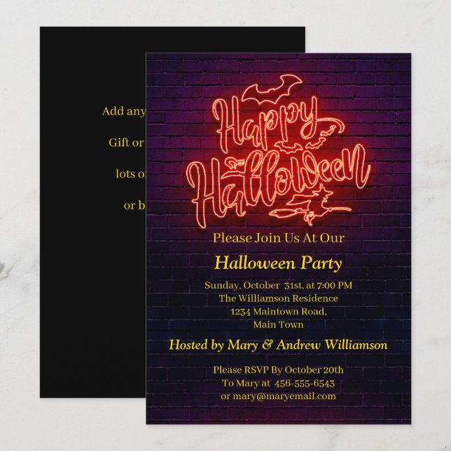 Invitation Joyeux Halloween Neon Glow Look Sorcière Brick Par (Devant / Derrière)