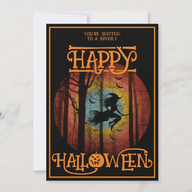 Invitation Joyeux Halloween Sorcière Sur Balai Costume Fête (Devant)