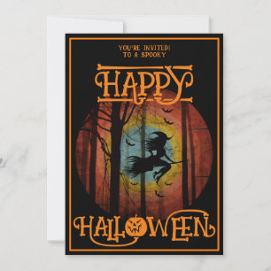 Invitation Joyeux Halloween Sorcière Sur Balai Costume Fête