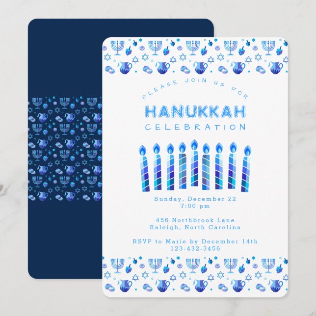 Invitation Joyeux Hanouka, Belle Fête Juive (Devant / Derrière)