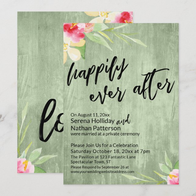 Invitation Joyeux Jour Après Aquarelle Fleurs Bois Vert (Devant / Derrière)