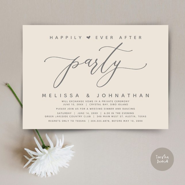 Invitation Joyeux Jour Après Fête Crème Gris Mariage Dîner (Modern Romantic Wedding Elopement Happily Ever After Dinner Party Invitation Card, PDF, Cream Grey)