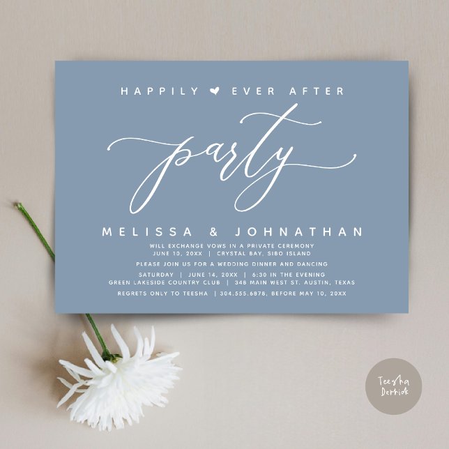 Invitation Joyeux Jour Après Le Dîner Dusty Blue Mariage (Modern Romantic Wedding Elopement Happily Ever After Dinner Party Invitation Card, PDF, Dusty Blue)