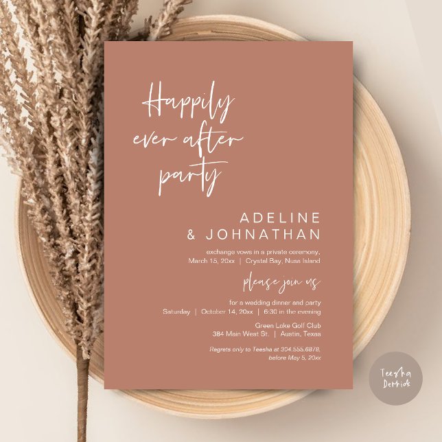 Invitation Joyeux Jour Après Le Dîner Mariage De Fête Terraco (Happily Ever After Party, Modern Wedding Elopement, Invitation Card, PDF, in Terracotta Brown)