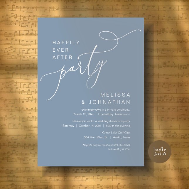 Invitation Joyeux Jour Après Mariage De Fête Dîner Dusty Blue (Happily Ever After Party, Romantic Wedding Dinner and Dancing Invitation Card, PDF, in Dusty Blue)