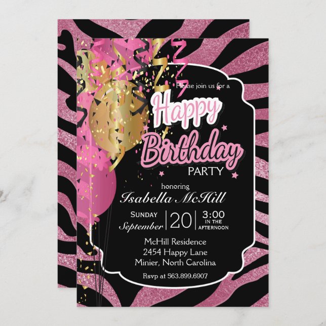 Invitation Joyeux Jour du Jour - Pink & Black Zebra Stripes I (Devant / Derrière)