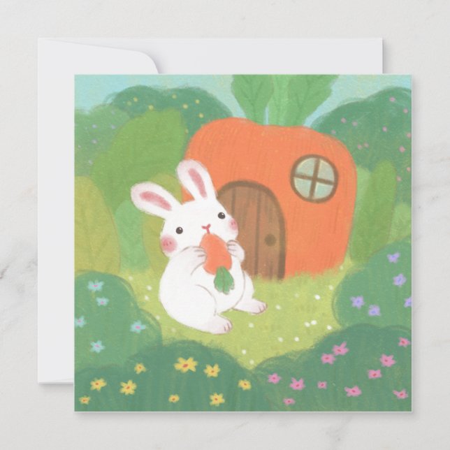Invitation Joyeux lapin avec carotte en forêt (Devant)