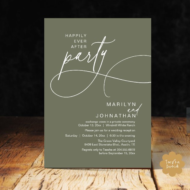 Invitation Joyeux Mariage Moderne Élégant Dîner de Mariage (Happily Ever After Modern Elegant Romantic Wedding Reception Dinner Invitation Card in Olive Sage)