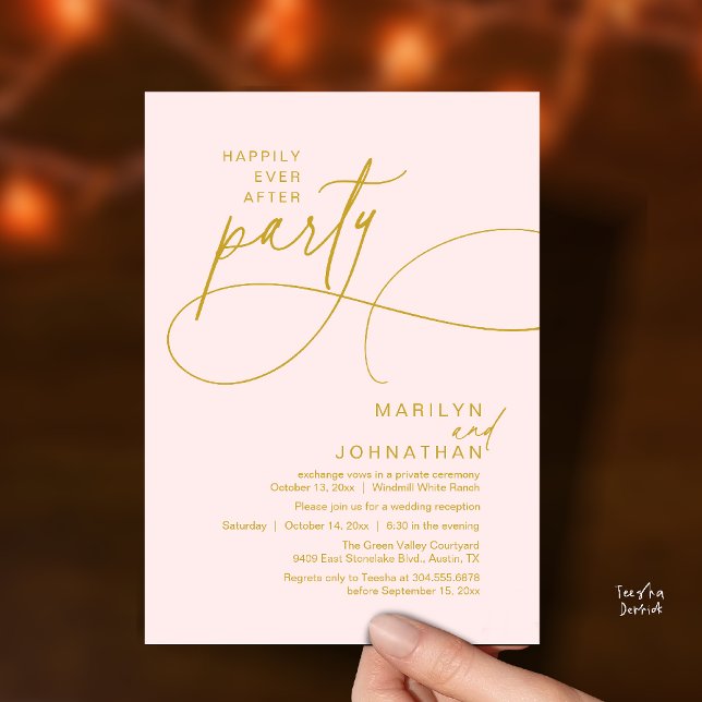 Invitation Joyeux Mariage Moderne Élégant Dîner de Mariage (Happily Ever After Modern Elegant Romantic Wedding Reception Dinner Invitation Card in Gold Blush)