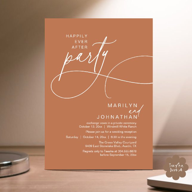 Invitation Joyeux Mariage Moderne et Élégant pour le Dîner de (Happily Ever After Modern Elegant Romantic Wedding Reception Dinner Invitation Card in Copper Brown)