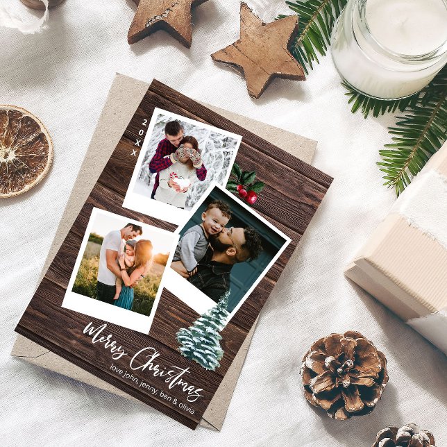 Invitation Joyeux Noël 3 Instantané photo Rustic Card (Créateur téléchargé)
