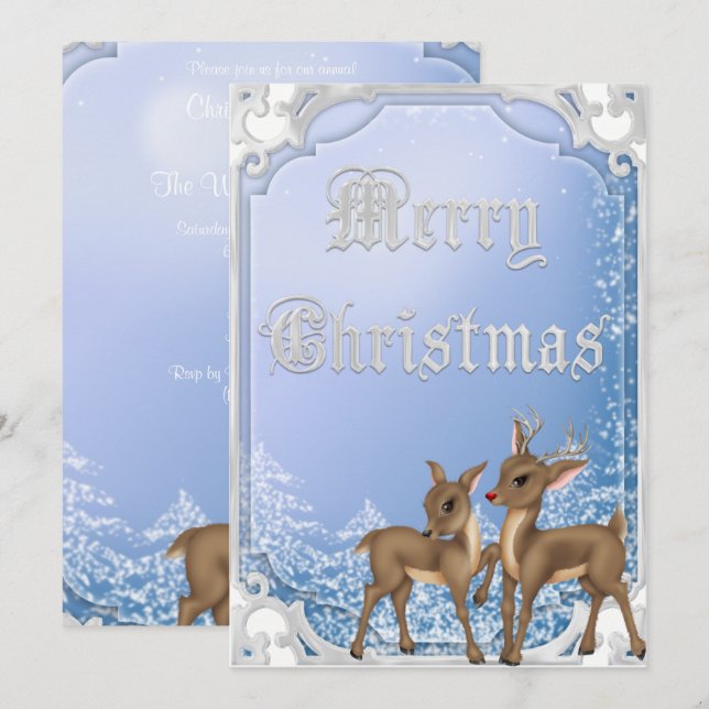 Invitation Joyeux Noël à Rudolph et Clarice encadrés d'argent (Devant / Derrière)