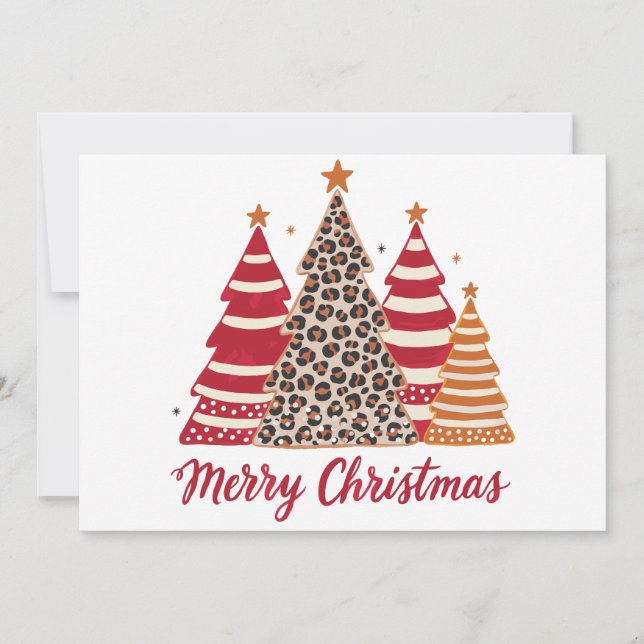 Invitation Joyeux Noël Arbres Motifs Léopard Rouge Rayure (Devant)