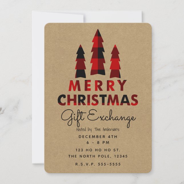Invitation Joyeux Noël Arbres Plaid Kraft Échange Cadeaux (Devant)