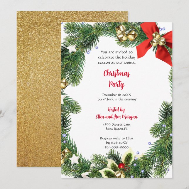 Invitation Joyeux Noël avec verdure des Fêtes  (Devant / Derrière)