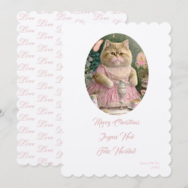 Invitation Joyeux Noël chat rose (Devant / Derrière)