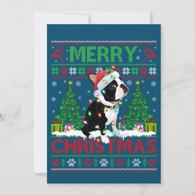 Invitation Joyeux Noël Éclairage laid Boston Terrier Chris (Devant)