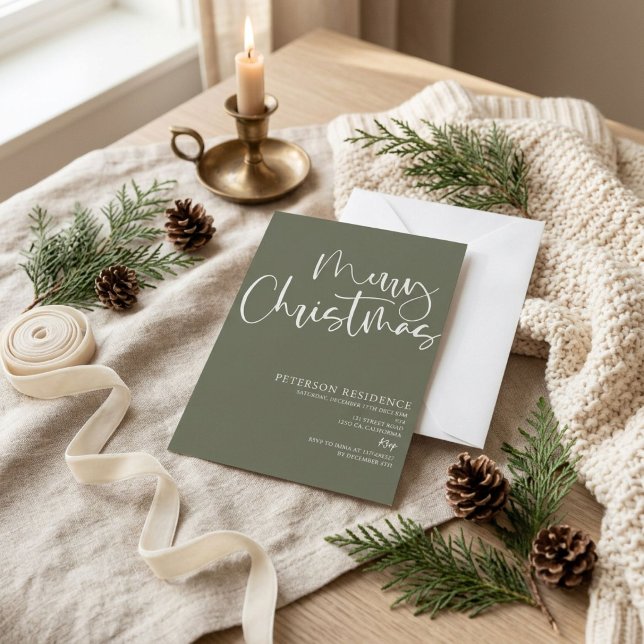 Invitation Joyeux Noël Écriture Moderne Vert Sauge (Créateur téléchargé)