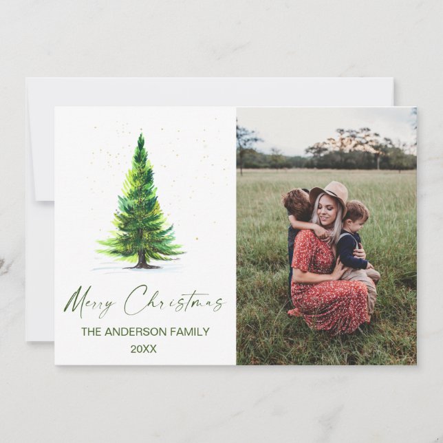 Invitation Joyeux Noël Elegant Aquarelle Pine Tree photo (Devant)