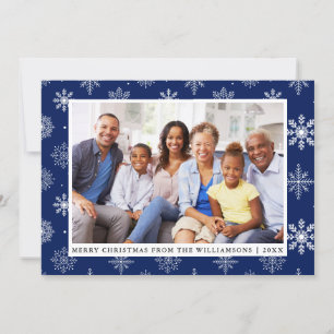 Invitation Joyeux Noël Famille Photo Flakes Blue Card