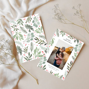 Invitation Joyeux Noël Famille Photo Vert Watercolor Card