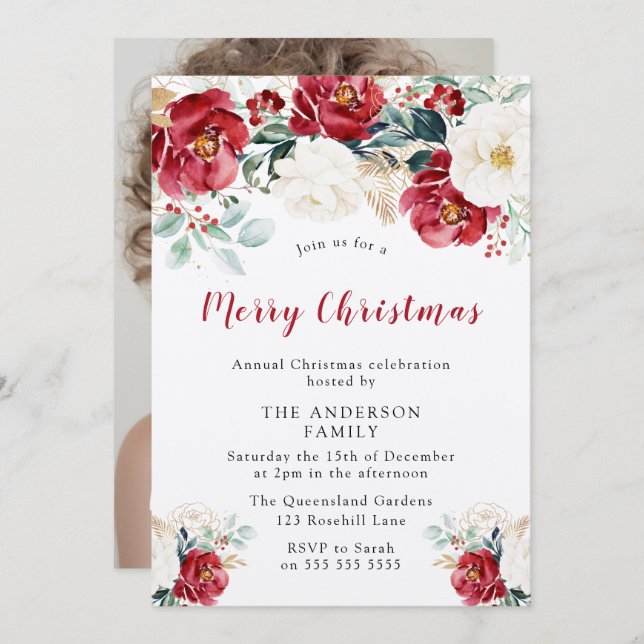 Invitation Joyeux Noël Fête Shimmer Bourgogne Fleurs rouges (Devant / Derrière)