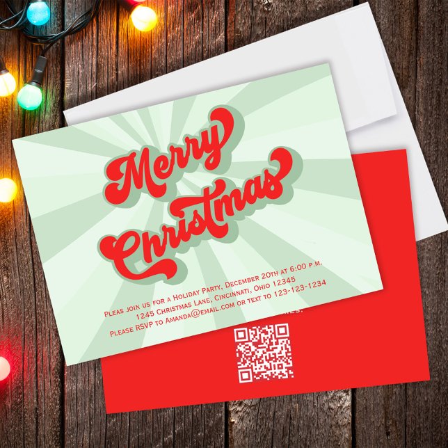 Invitation Joyeux Noël Green Retro Typographie Code QR (Merry Christmas Whimsical retro style typography party invitation. )