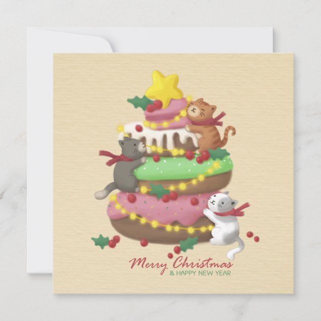 Invitation Joyeux Noël : Illustration de chats et de friandis (Devant)