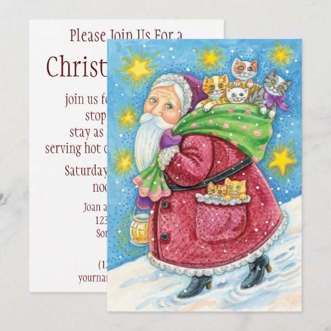 Invitation Joyeux Noël, le Père Noël avec des chatons et des  (Devant / Derrière)