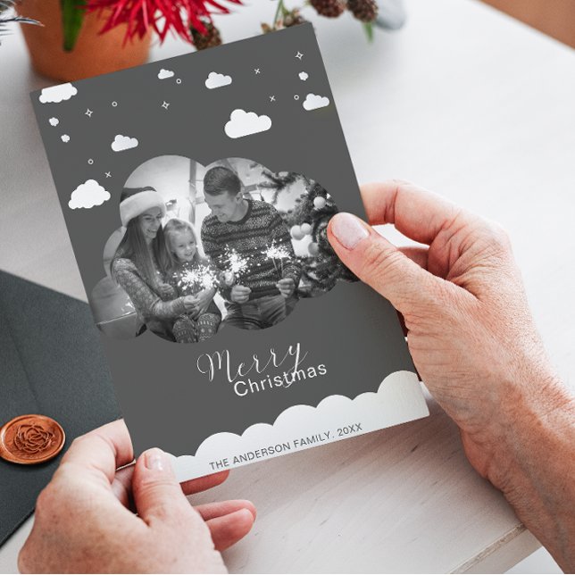 Invitation Joyeux Noël moderne gris, nuage photo Holliday (Créateur téléchargé)