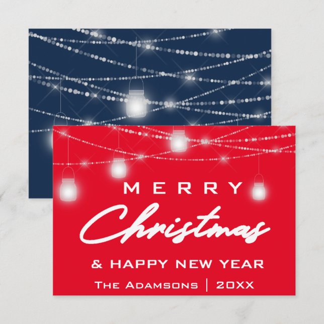 Invitation Joyeux Noël Nom Photo Lumières Marine Rouge (Devant / Derrière)