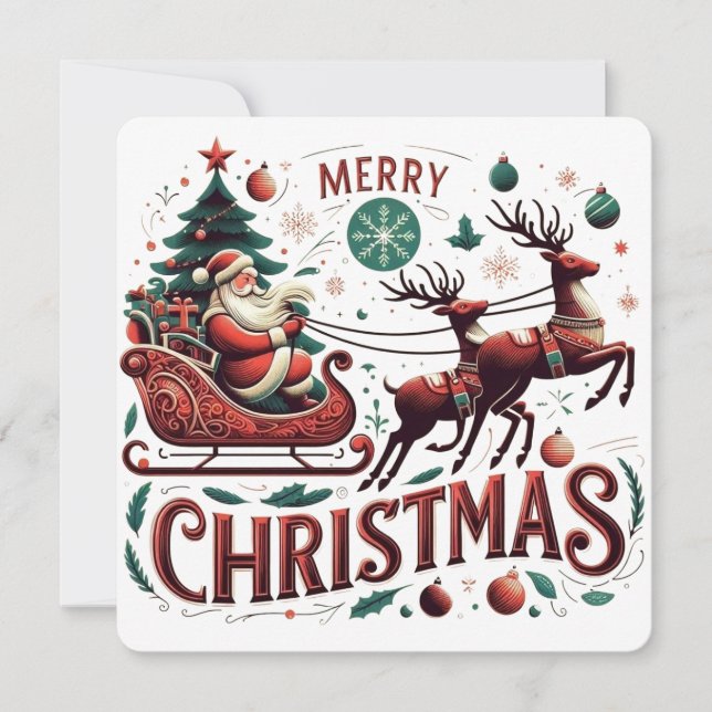 Invitation Joyeux Noël Père Noël Traîneau et Renne Festif (Devant)