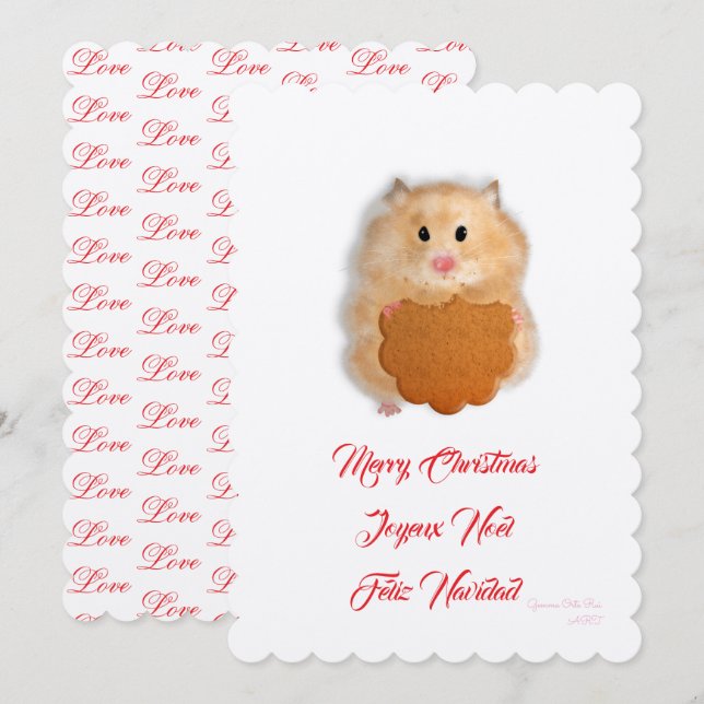 Invitation Joyeux Noël petit hamster mignon avec biscuit (Devant / Derrière)