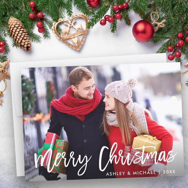 Invitation Joyeux Noël Photo moderne Brosse Script Card (Customize to add text to back of card.)