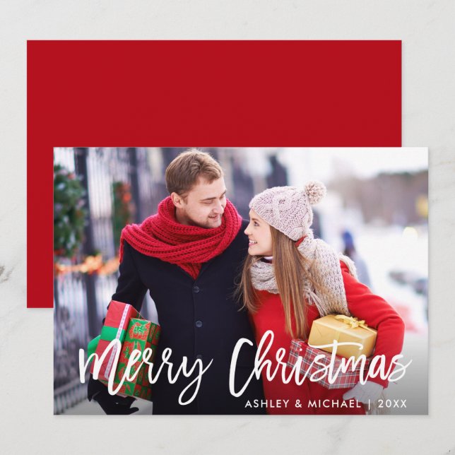 Invitation Joyeux Noël Photo Moderne Brosse Script Card R (Devant / Derrière)