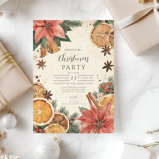 Invitation Joyeux Noël Poinsettia Citrus Rustique (Créateur téléchargé)