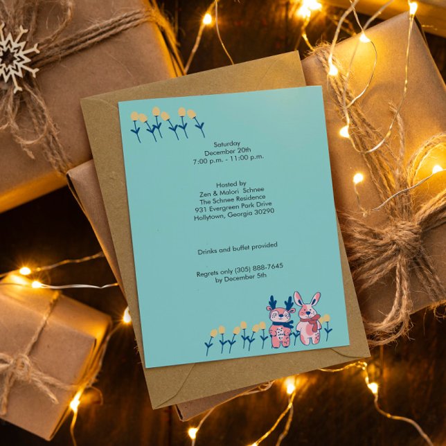 Invitation Joyeux Noël – Renne et lapin sur fond sarcelle (Créateur téléchargé)