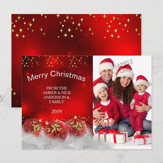 Invitation Joyeux Noël Rouge Or Holly Baubles (Devant / Derrière)