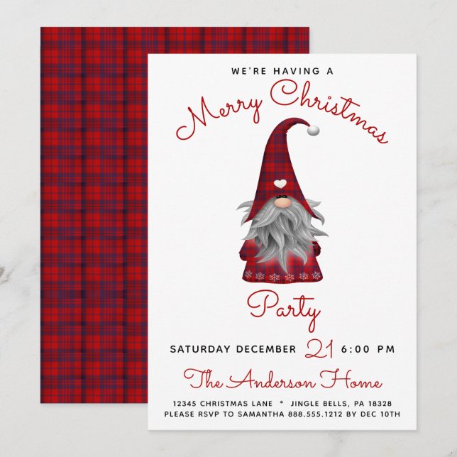 Invitation Joyeux Noël rustique mignon gnome à carreaux de fê (Devant / Derrière)