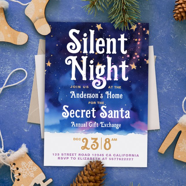 Invitation Joyeux Noël Silent Night Secret Santa Aquarelle (Créateur téléchargé)