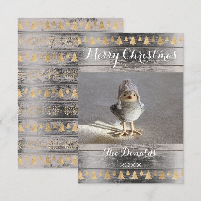 Invitation Joyeux Noël Snowbird Gold Wood Photo Cottage (Devant / Derrière)